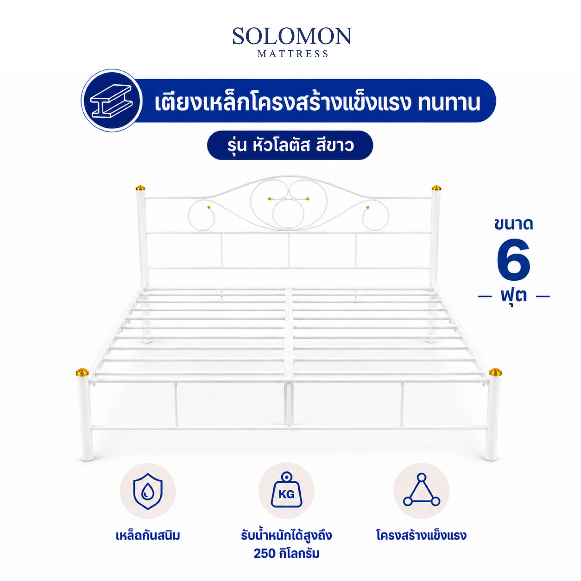 เตียงเหล็ก 6 ฟุต SOLOMON รุ่น หัวโลตัส สีขาว_0